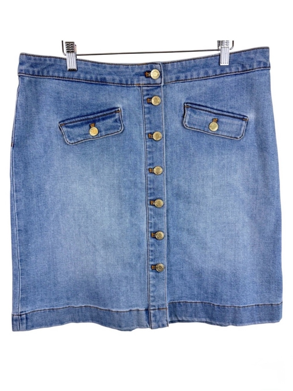 Talbots Petite 14P Blue Denim Button Front Skirt Medium Wash Gold Buttons Pocket